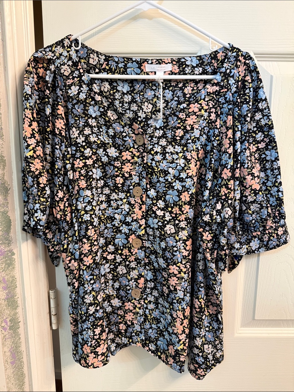 Floral Button-Front Women’s Top in Black with Pink & Blue Flowers